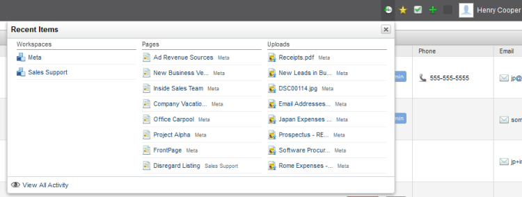 pbworks-livebar "Recent Items" in the Livebar